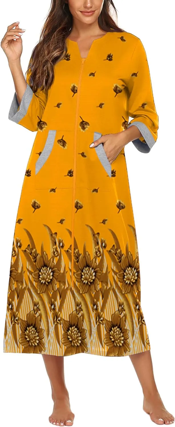 50% OFF Women Zipper Robe 3/4 Sleeves Loungewear Dress Full Length Sleepwear Pockets Housecoat Nightgown Long Bathrobe