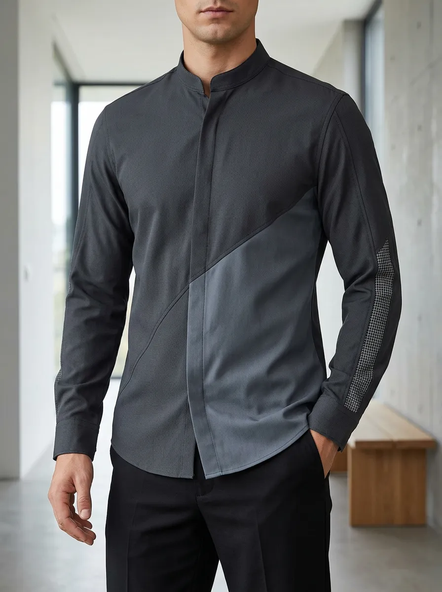 Men's Modern Minimalist Colorblock Houndstooth Sleeve Slim Fit Shirt