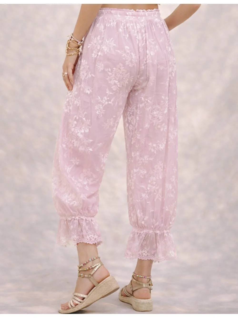 Lace Hem Flocked Elastic Waist Lantern Pants