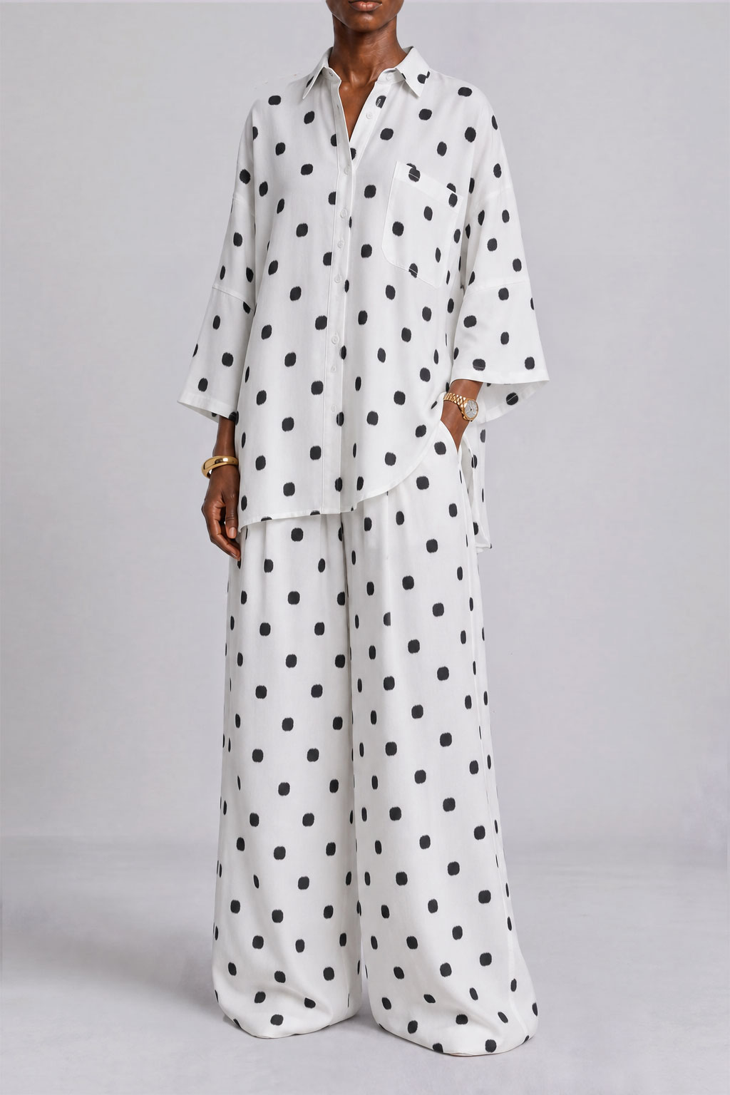 Wide Leg Button Front Polka Dot Matching Pants Set