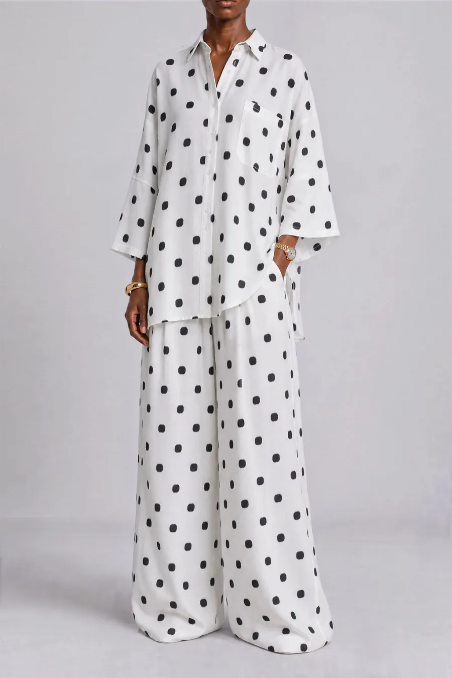 Wide Leg Button Front Polka Dot Matching Pants Set