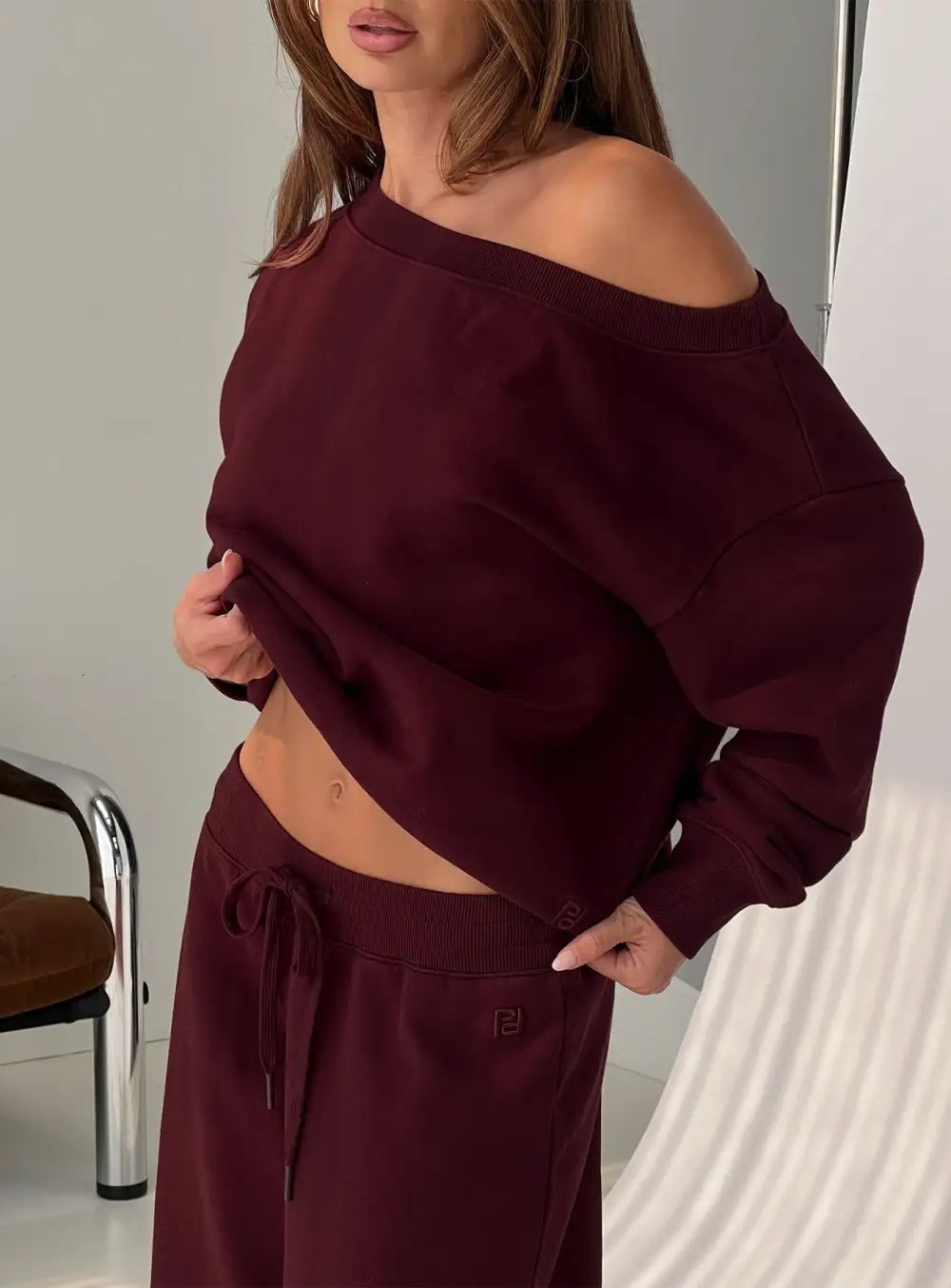 Ribbed Hem Off Shoulder Sweatshirt