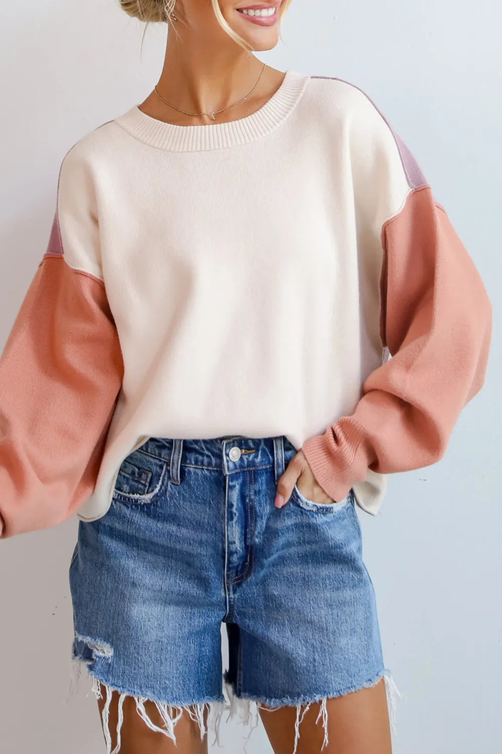 Complete Sophisticate Cream Color Block Sweater