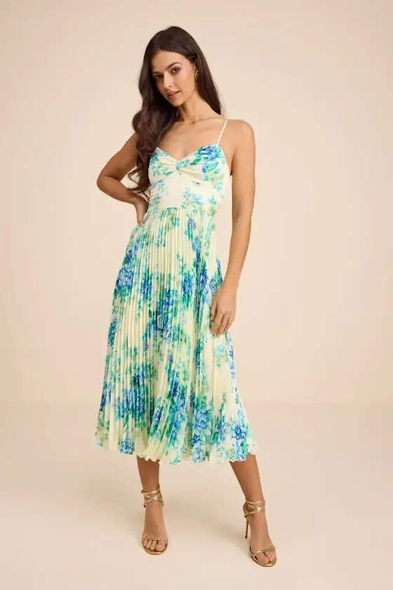 Francette Yellow Floral Satin Pleated Midi Dress