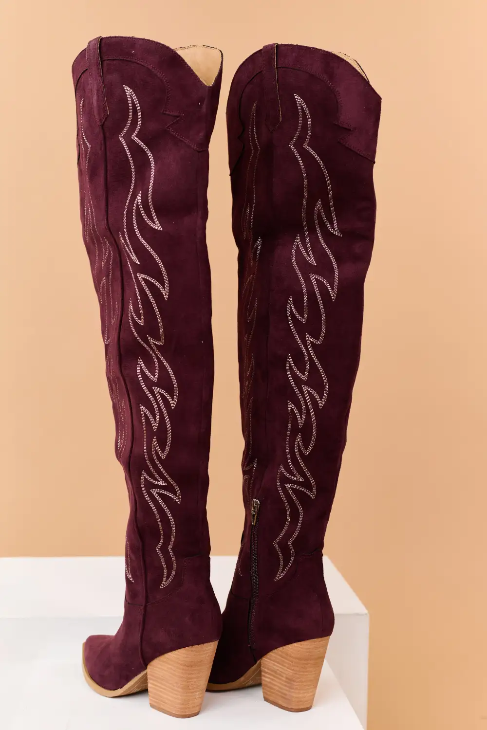 Wine Faux Suede Over Knee Embroidered Western Boots