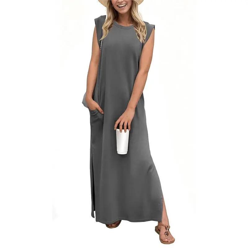 6PACK-Summer Round Neck Casual Loose Split Wrinkle-Free Long  Dress