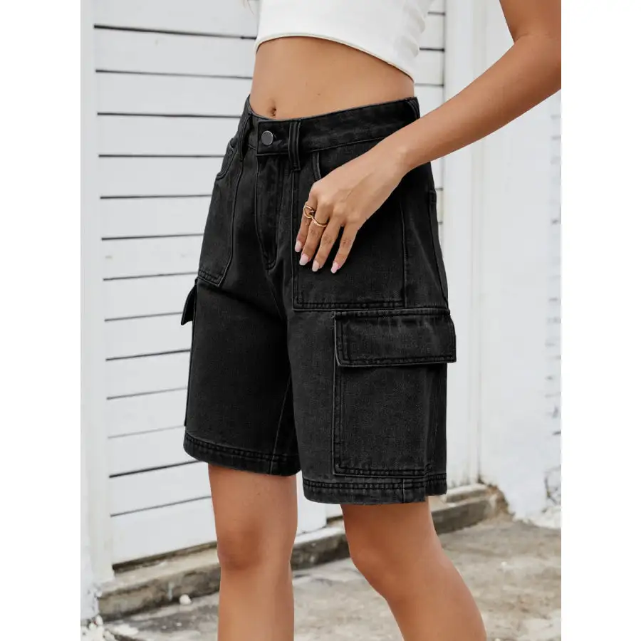 High Waist Denim Shorts with Cargo Pockets