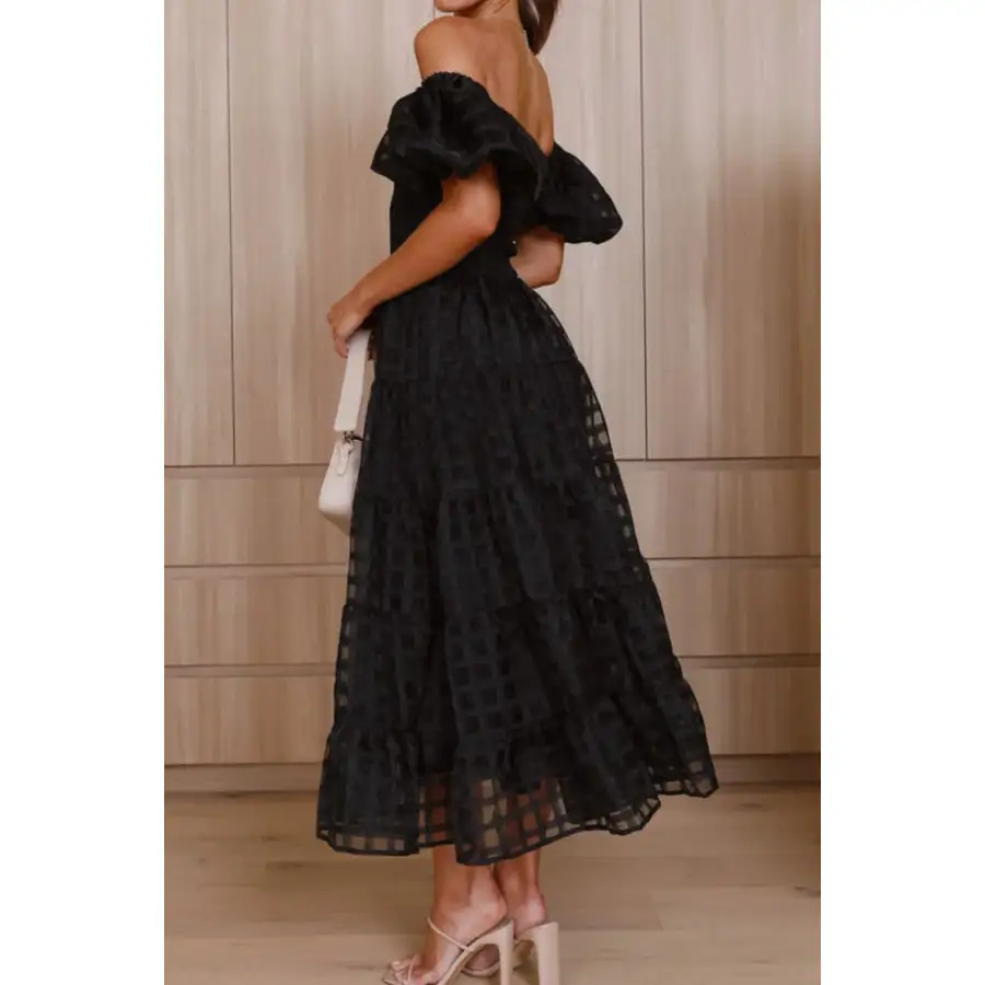 Off Shoulder Short Puff Sleeve Midi Dress
