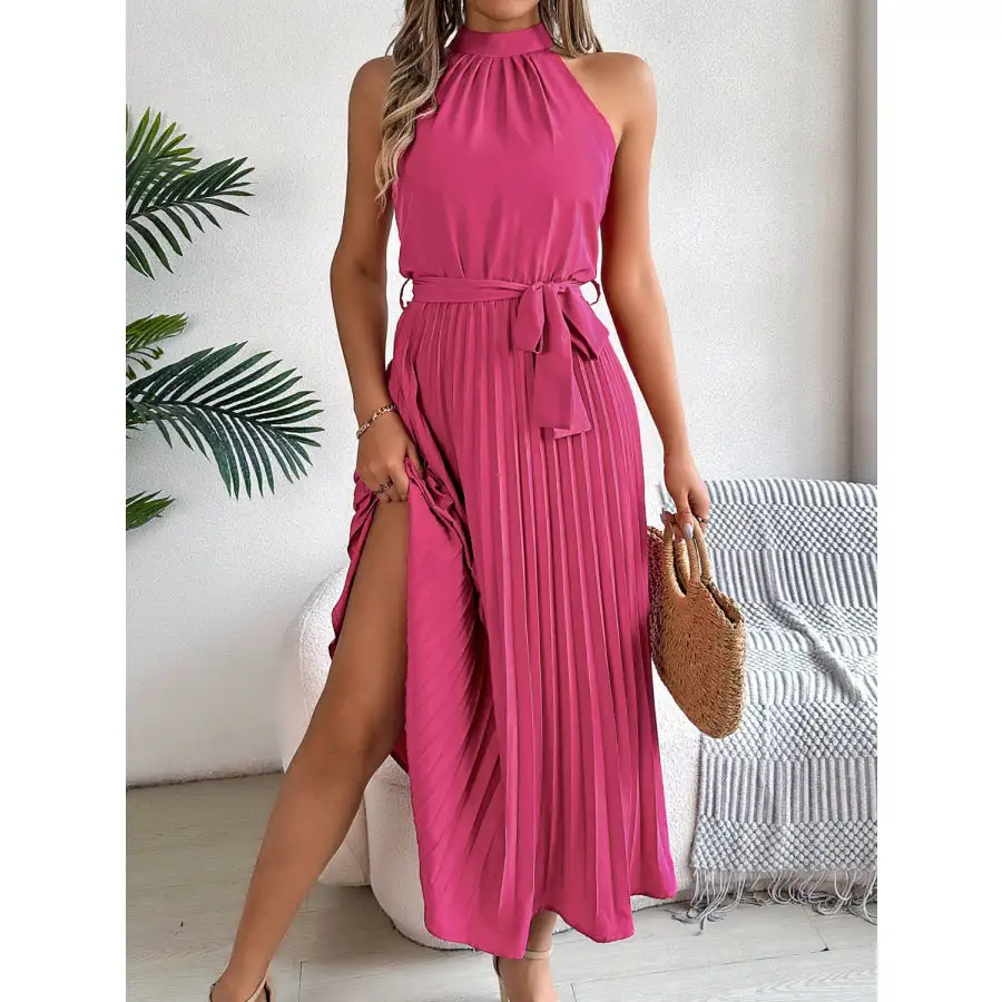 Pleated Tie Waist Sleeveless Midi Dress