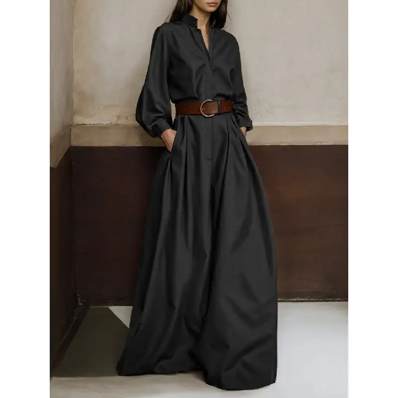 Long Sleeves Loose Buttoned No Belt V-Neck Jumpsuit
