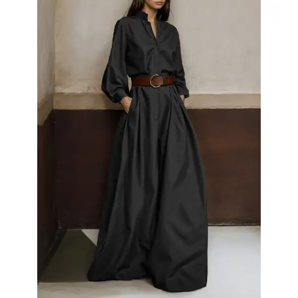 Long Sleeves Loose Buttoned No Belt V-Neck Jumpsuit