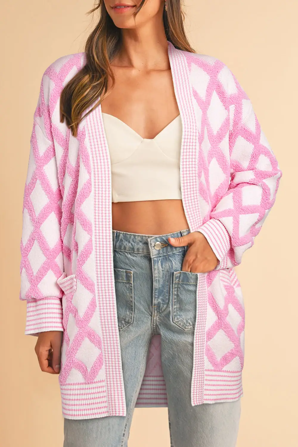 Rhombus Pattern Knit Open Front Pocketed Cardigan