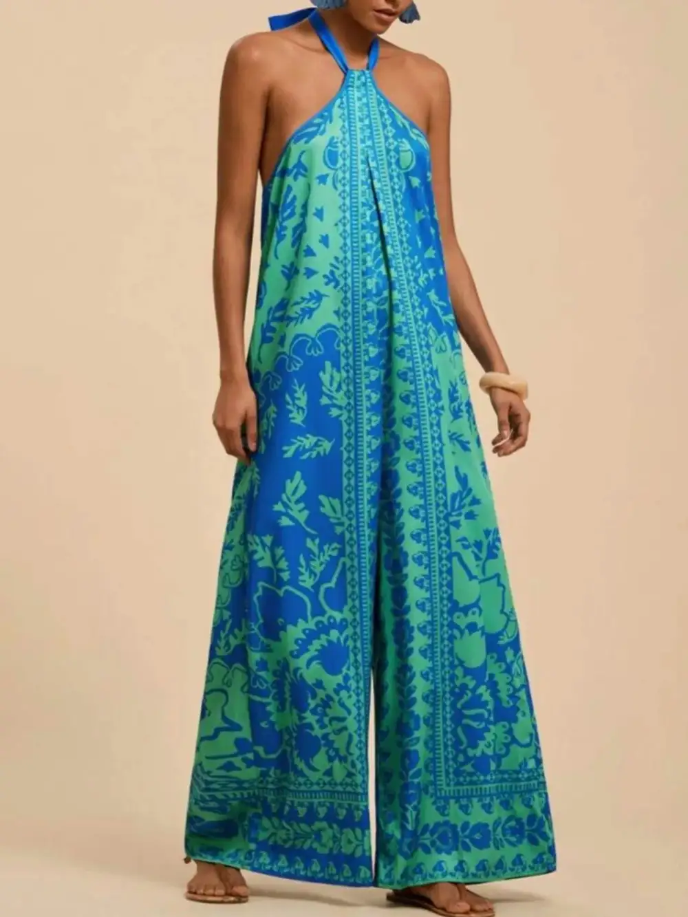 Printed Halter Wide Leg Jumpsuit
