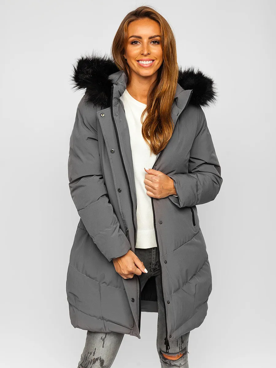 Women's Graphite Quilted Winter Jacket With Hood