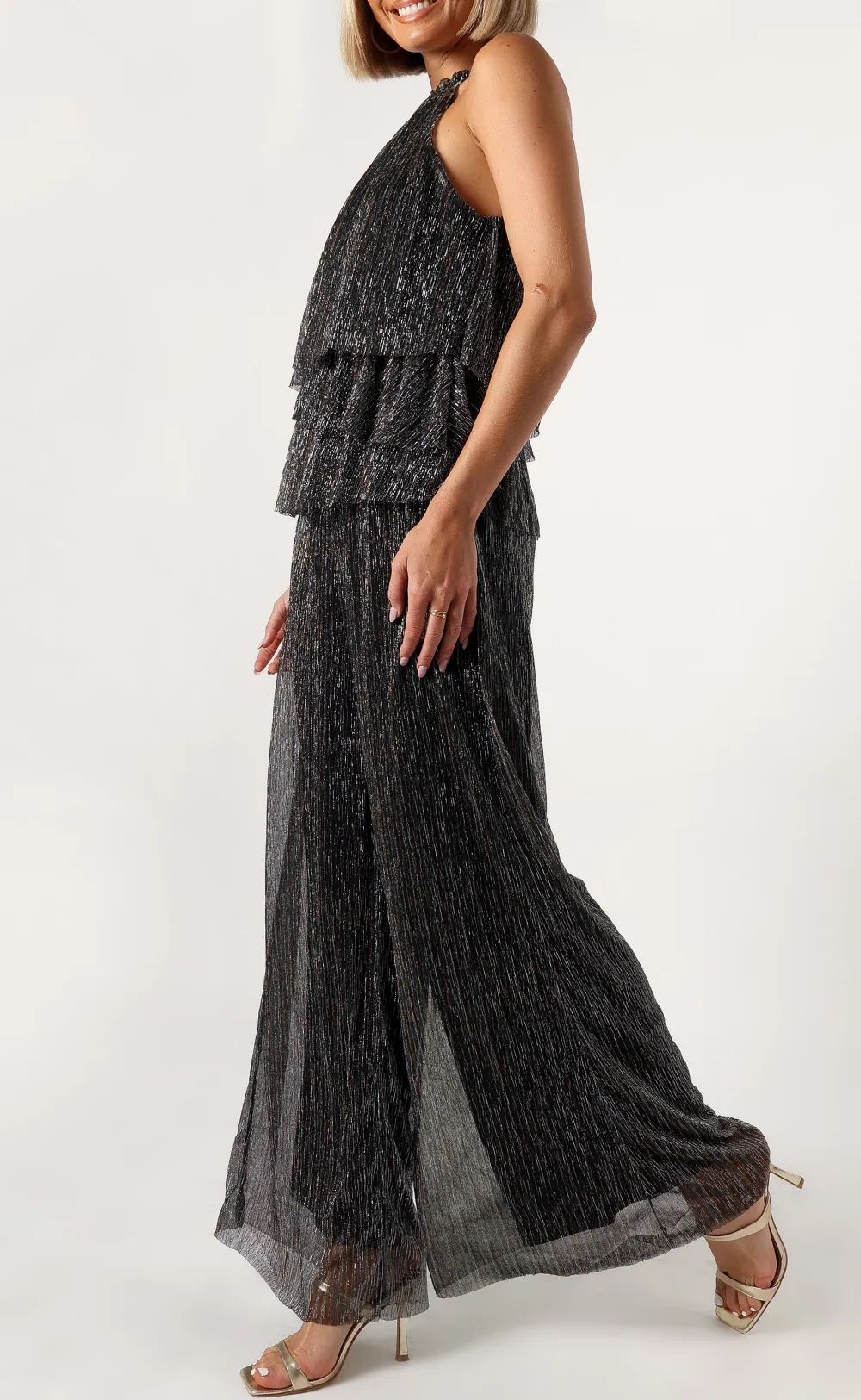 Halter Wide-Leg Tiered Sleeveless Maxi Jumpsuit