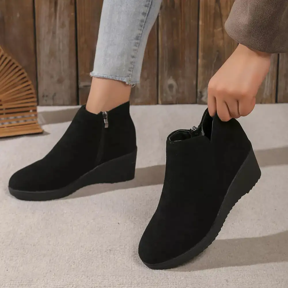 Textured Round Toe Wedge Ankle Boots