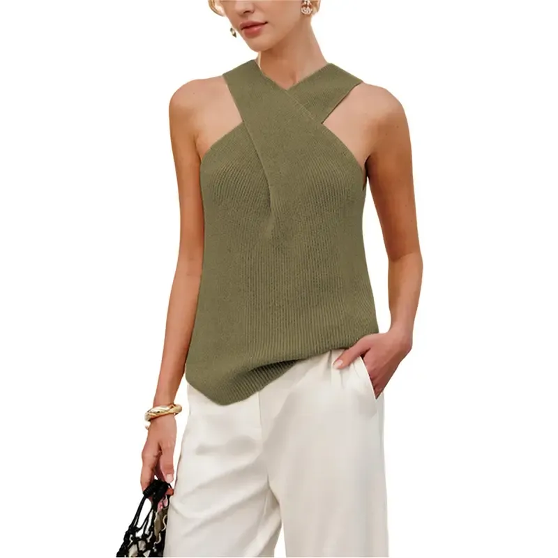 Tanming Women's Halter Cross Over Collar Tank Knit Sleeveless Camisole Top