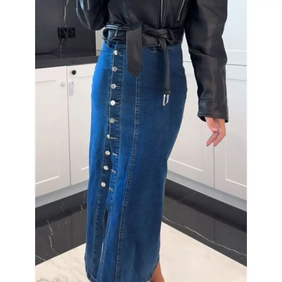 Front Button Slit Midi Denim Skirt