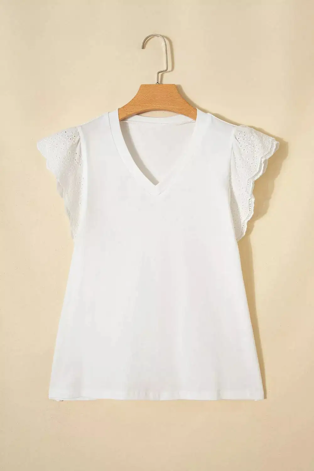 Eyelet Embroidered Flutter Sleeve Patchwork V Neck