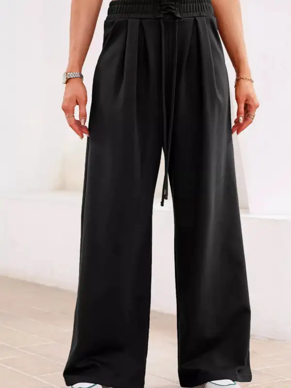 High-Waist Drawstring Pleated Pocketed Sweatpants