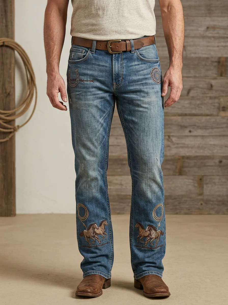 Men's Classic Western Cowboy Horseshoe Horse Embroidered Jeans