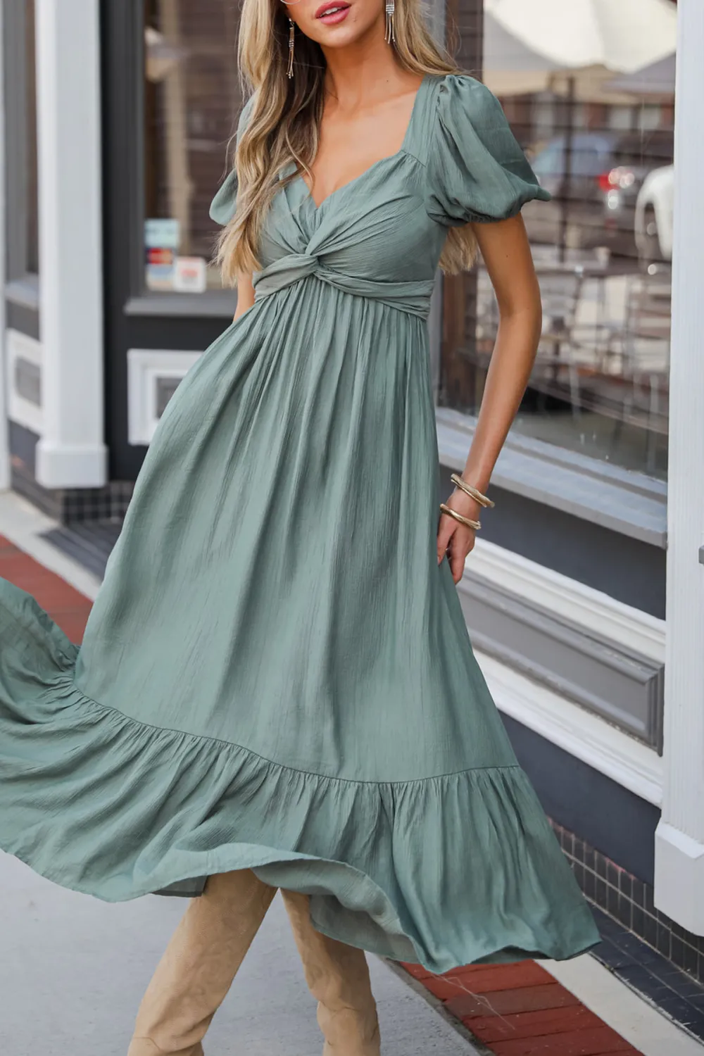 Unlined Sleeves Sage Midi Dress