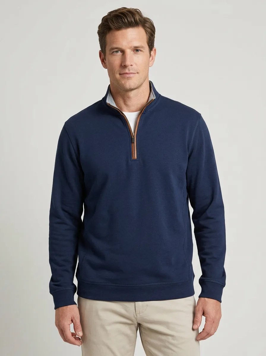 Men's Faux-Leather-Trim Stand-Collar Quarter-Zip Sweatshirt