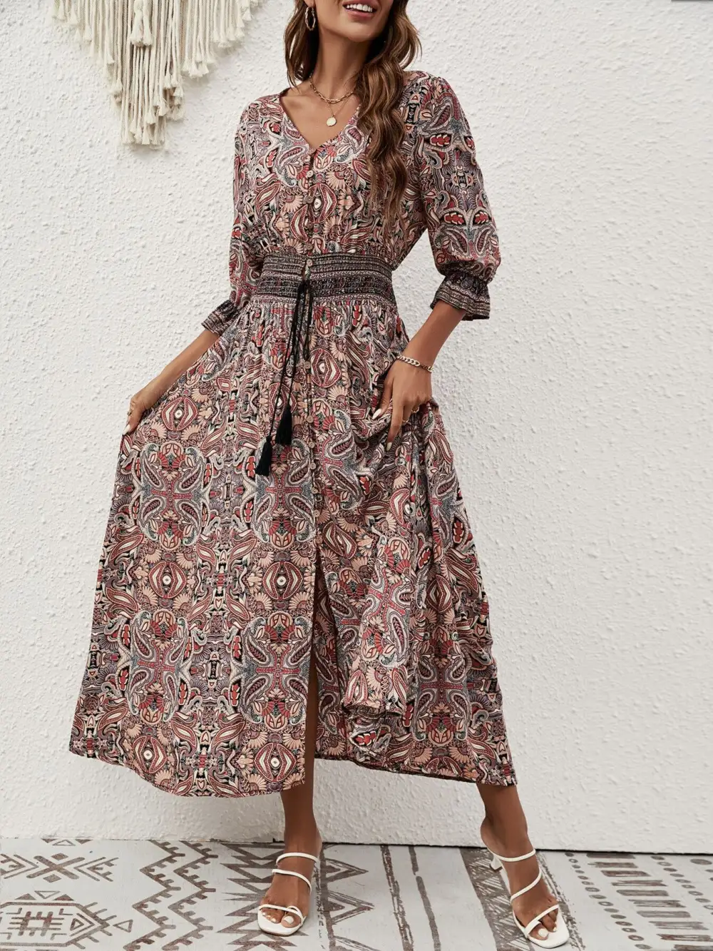 Paisley Print Slit Short Sleeve Midi Dress
