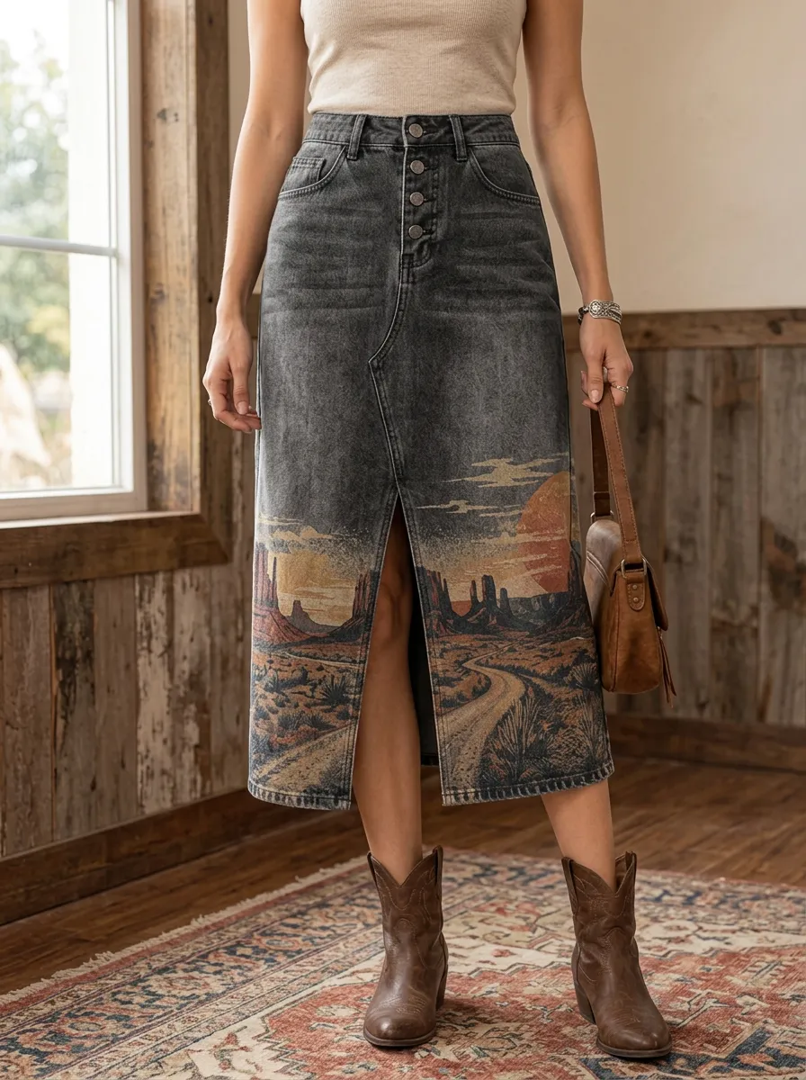 Women's Sunset Desert Print Denim Midi Skirt
