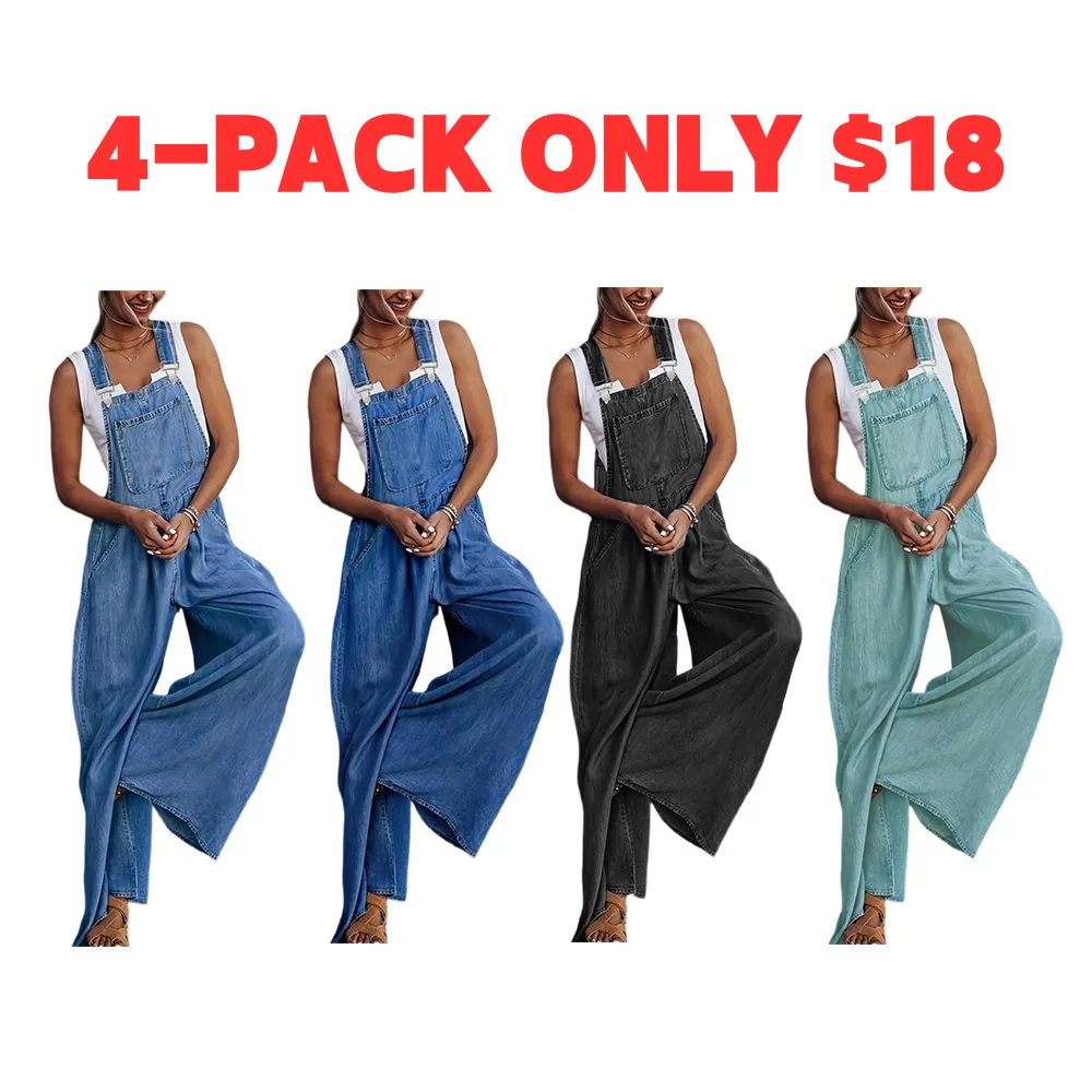 Women's Denim-Effect Print Plicated Wide Leg Overalls Jumpsuit, Minimalist Chic Fashion Casual Pocket Square Neck Overalls Jumpsuit for Daily Outdoor Wear, Ladies Clothes for All Seasons