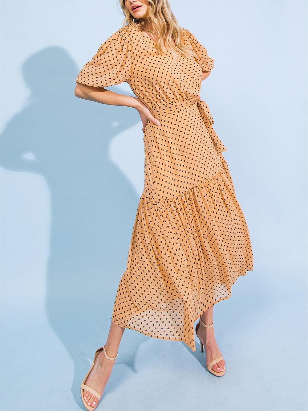 Tan Polka - Dot Wrap Midi Dress