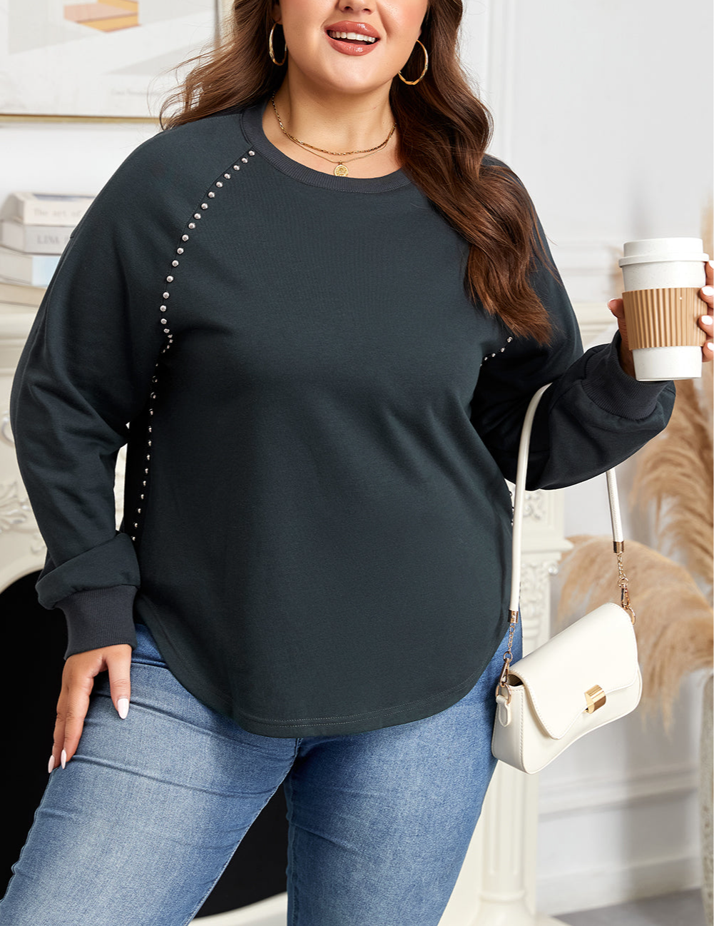 Women's Ribbed Mineral Wash Studded Jumper