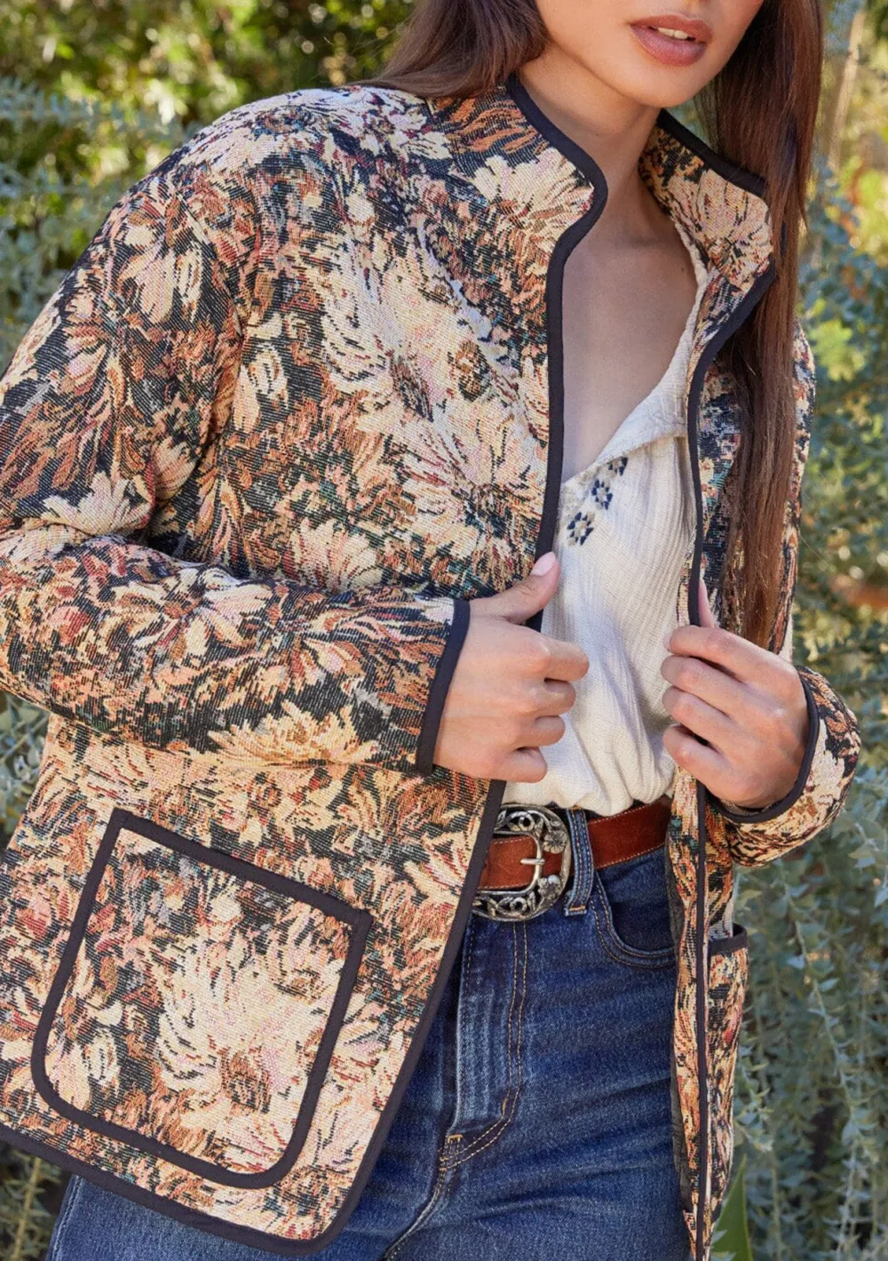 Pocketed Floral Open Front Jacket