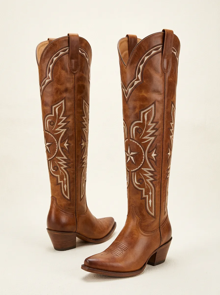 Women's Western Geometric Star Embroidered Pointed-Toe Block-Heel Stacked-Heel Denim Over-the-Knee Boots