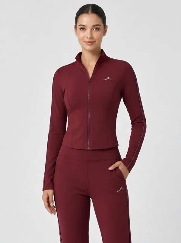 Women's Dusty Rose Zip-Up Jacket & Jogger Set with Contrast Piping