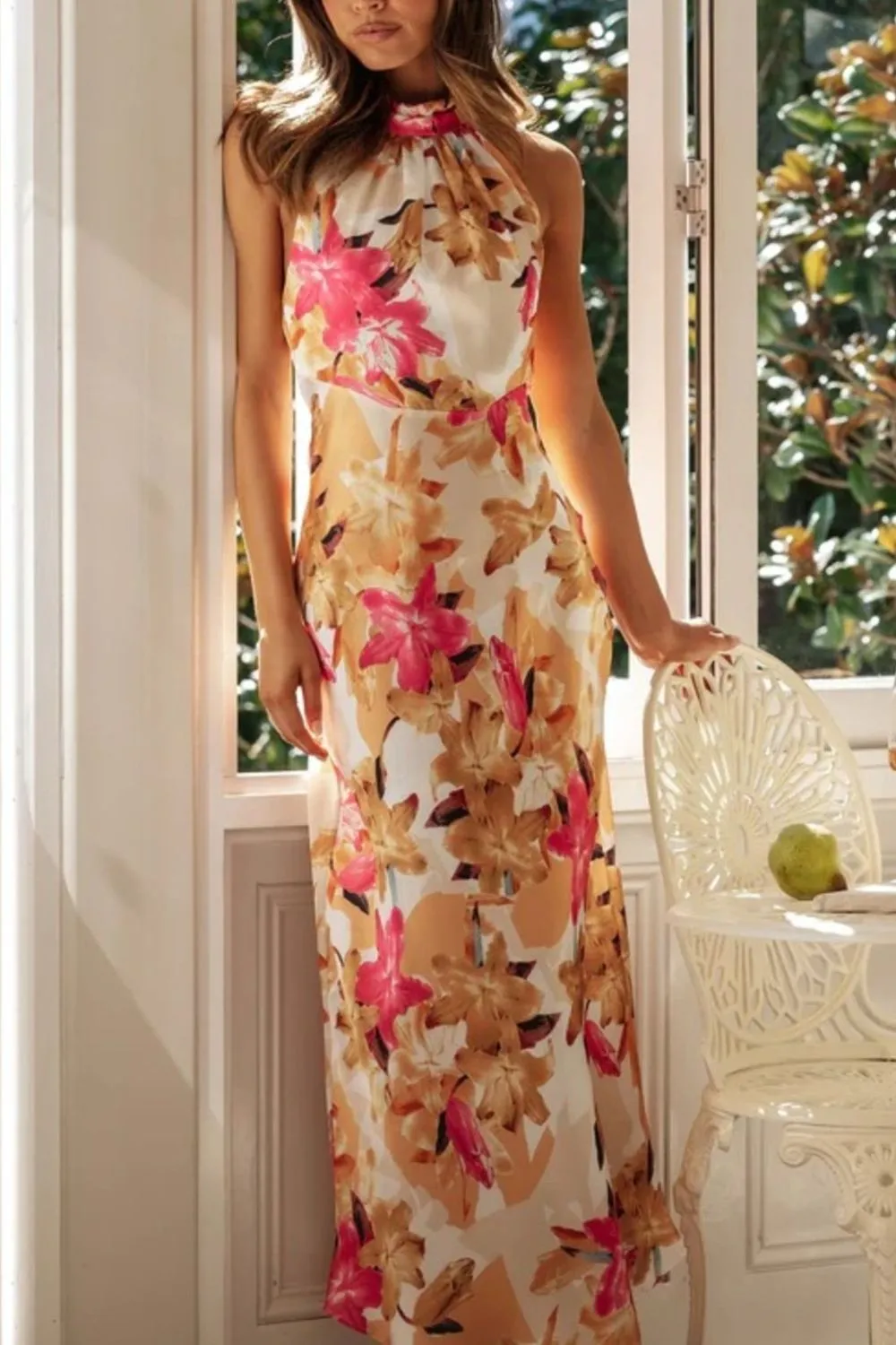 Soft Floral Print Halter Neck Maxi Dress