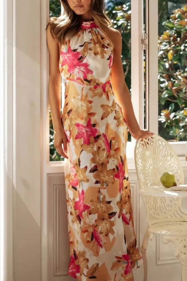 Soft Floral Print Halter Neck Maxi Dress