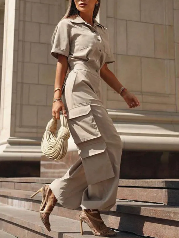 Losse Jumpsuits Met Korte Mouwen Zakken Knopen Effen