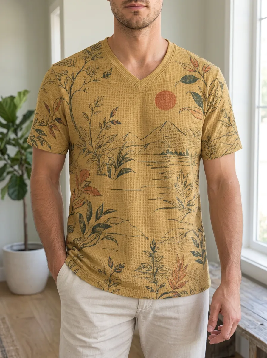 Men's Wilderness Nature Lover Mountain Sunset Botanical V-Neck T-Shirt