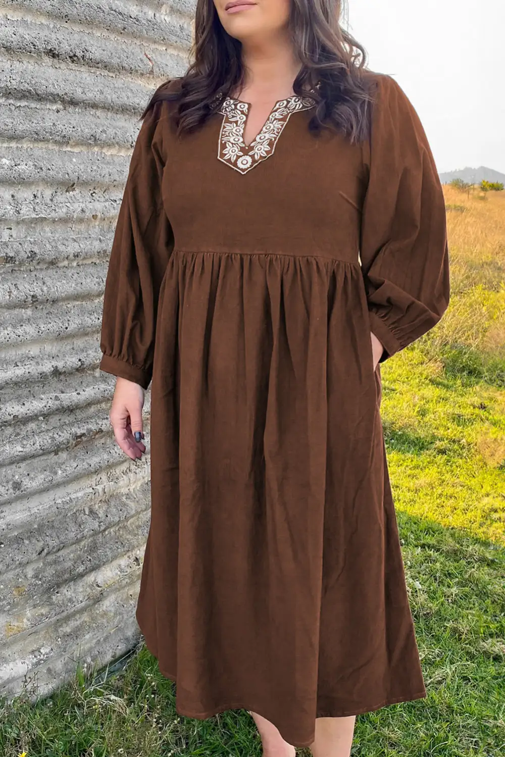 Embroidered Split Neck Pleated Midi Dress