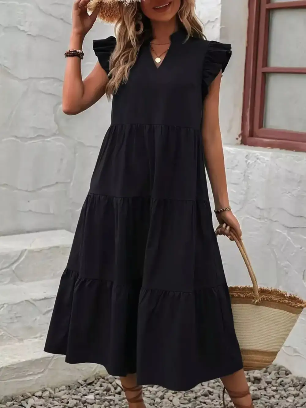 Relaxed Shape Ruffle Tiered Midi Dress