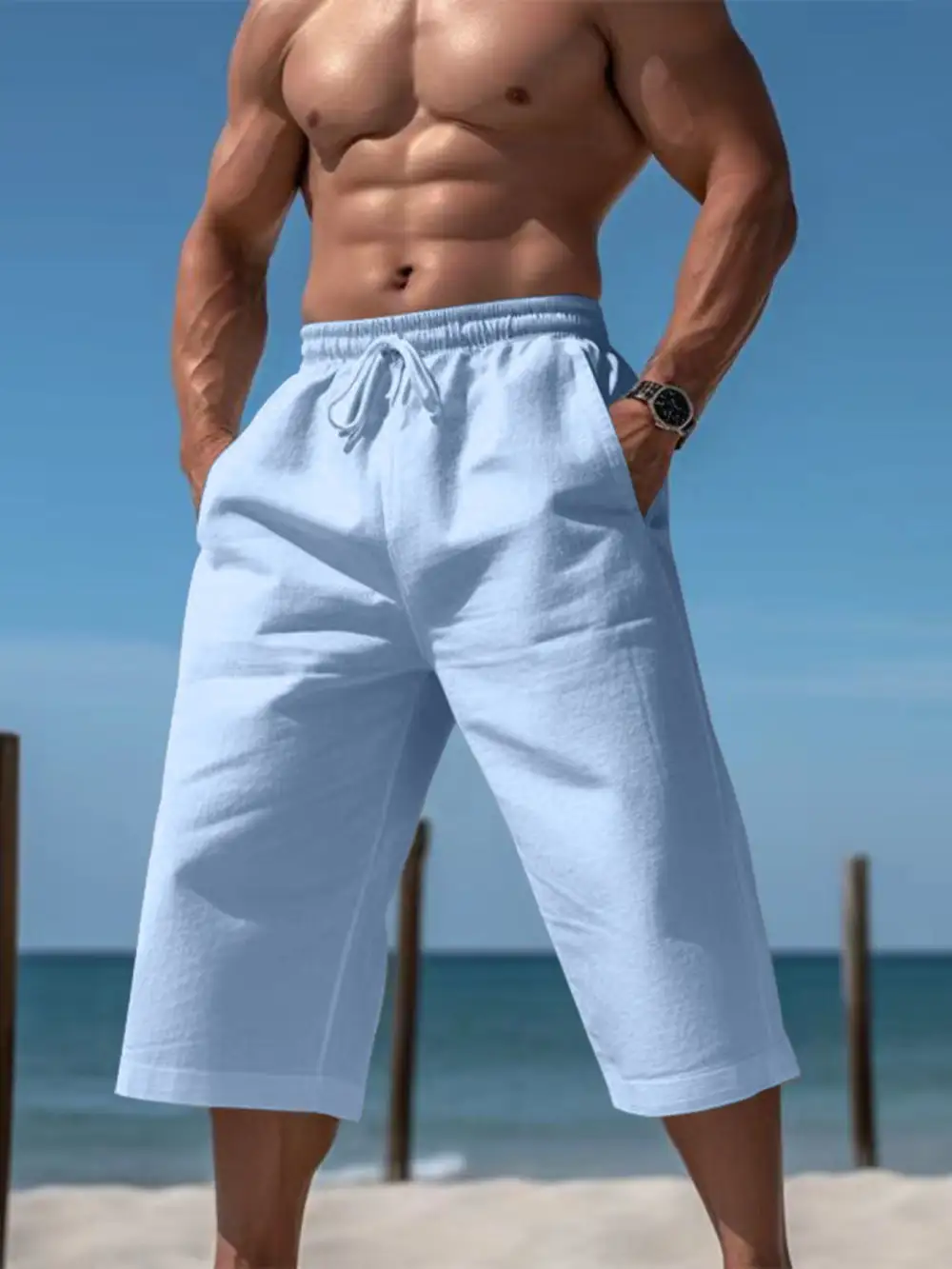 Men's Full Size Casual Drawstring Cropped Pants Plus