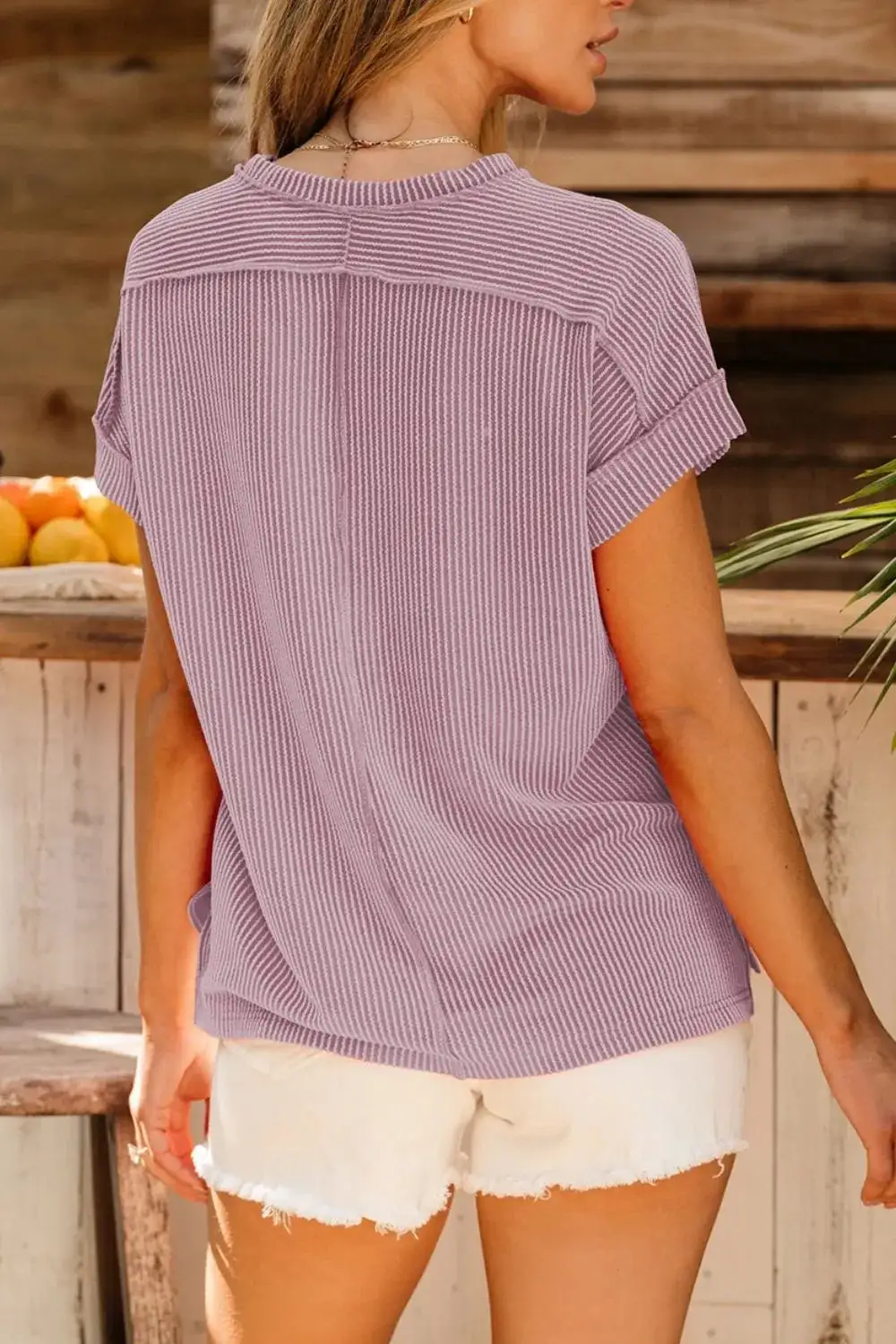 Round-Neck Short-Sleeve Ribbed T-Shirt