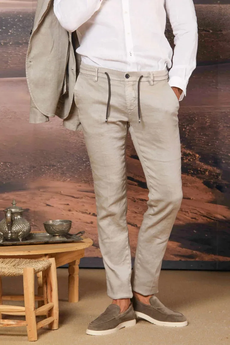 Men's Light Beige Cotton and Linen Twill Elastic Waist Slim Fit Trousers