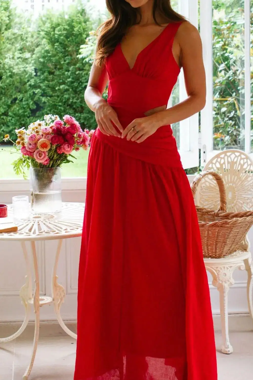 Ruched V-Neck Cotton Casual Dress
