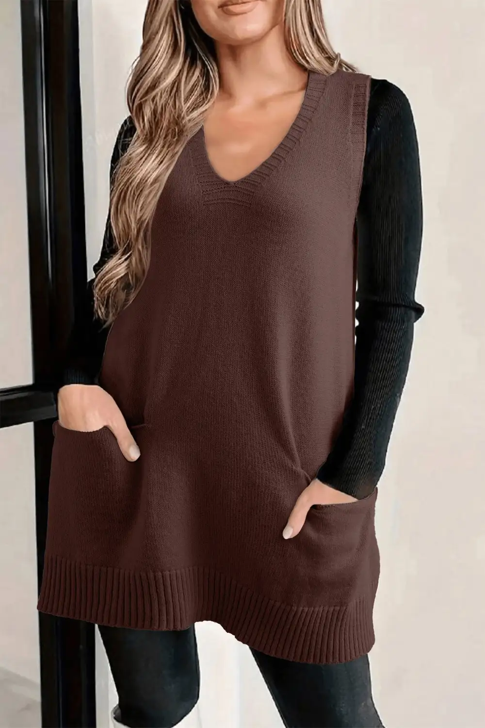Ribbed Deep V-Neck Front Pocketed Easy Fit Tunic Sweater Vest