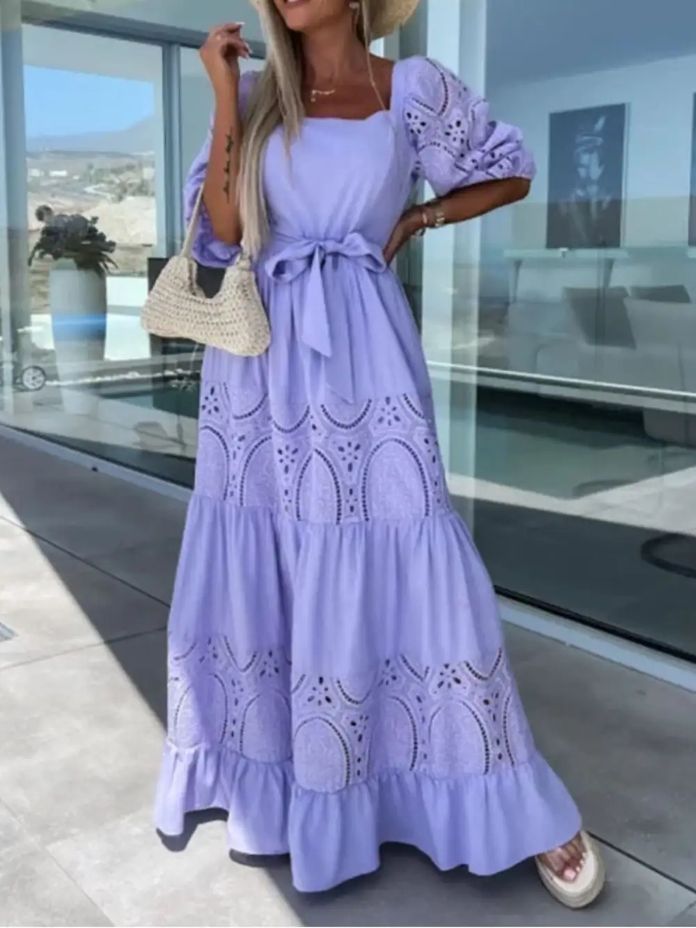 Lace Tie Waist Ruffle Maxi Dress