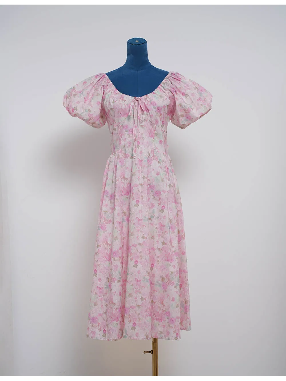 Romantic Puff Sleeves Drawstring Midi Dress