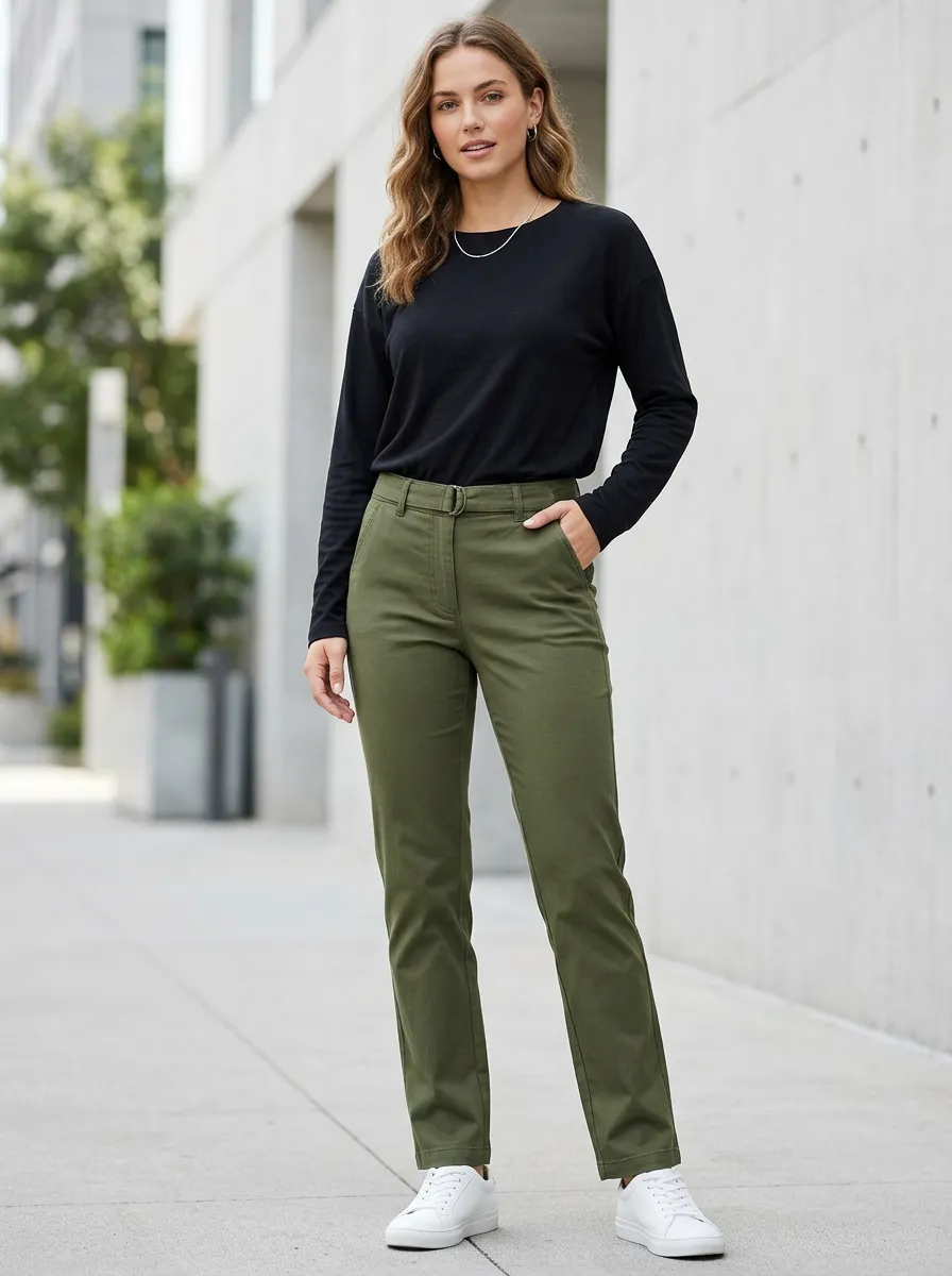Women's Easy Fit Minimal Pants Trousers in Olive