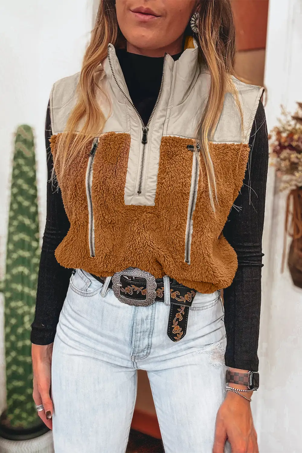 Colorblock Patchwork Zip Stand Collar Plush Vest